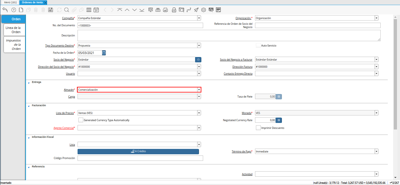 campo almacén de la ventana órdenes de venta