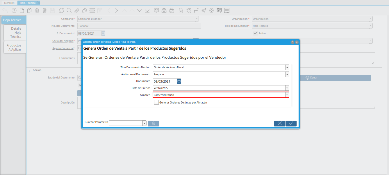 campo almacén de la ventana generar orden de venta desde hoja técnica