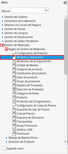 menú de almacén y ubicaciones