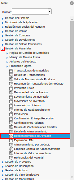 menú reabastecimiento de almacén