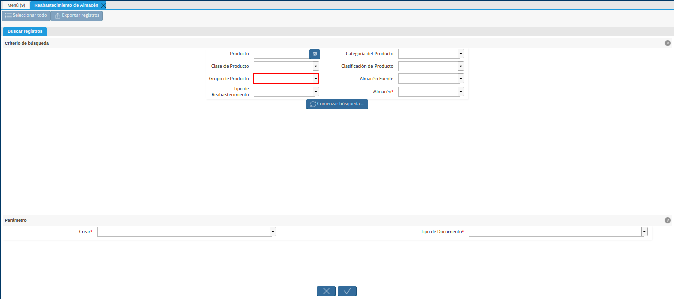campo grupo de producto de la ventana reabastecimiento de almacén