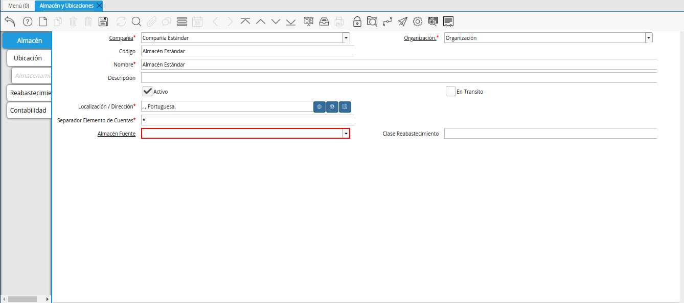 campo almacén fuente de la ventana almacén y ubicaciones