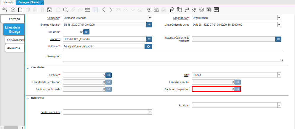 Campo Cantidad Desperdicio de la Pestaña Línea de la Entrega de la Ventana Entregas Cliente