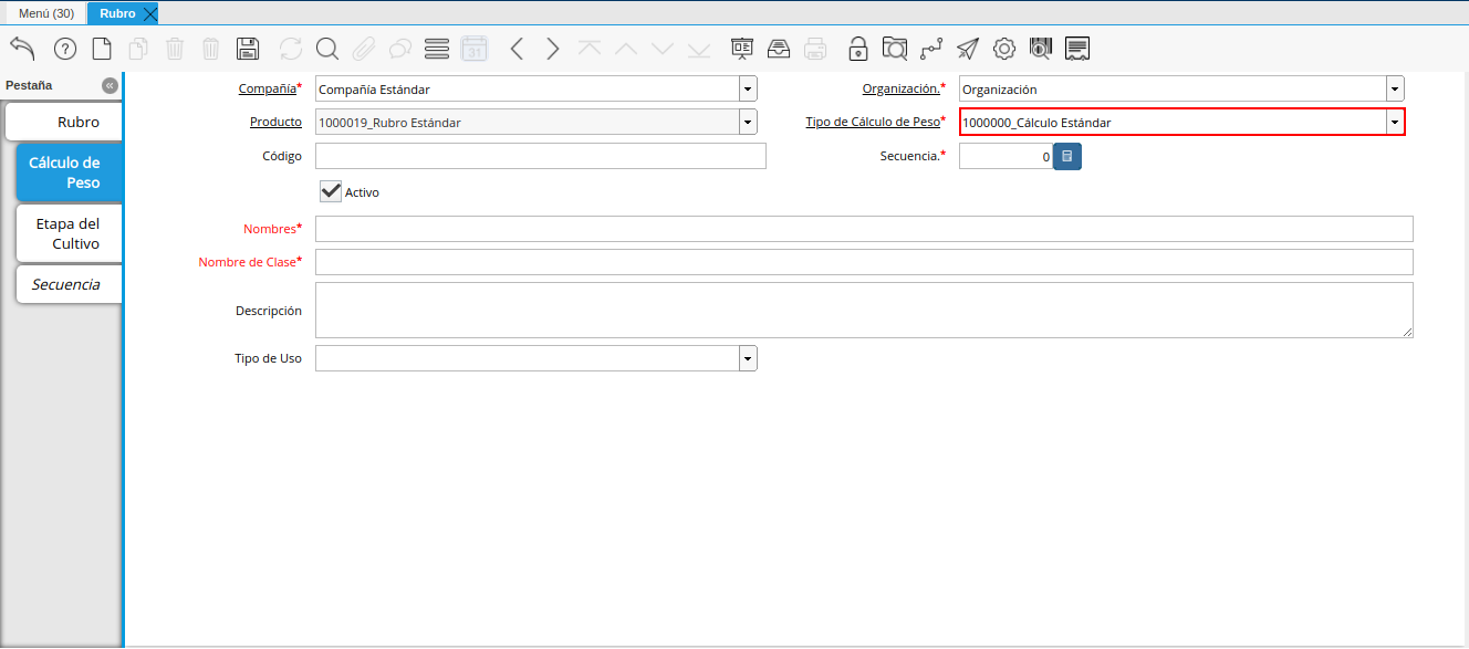 campo tipo de cálculo de peso de la pestaña cálculo de peso