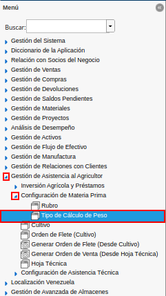 menú de tipo de cálculo de peso