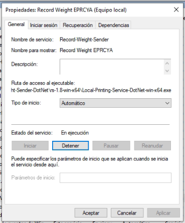 Propiedades Servicio de Windows
