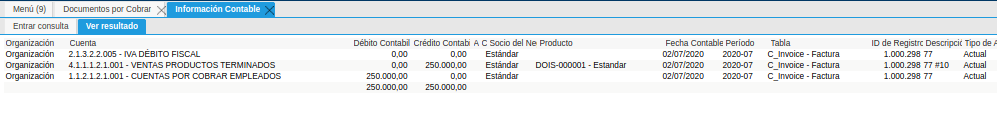 Asiento Contable de la Ventana Documentos por Cobrar