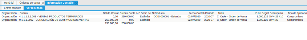 Asiento Contable de la Ventana Órdenes de Venta