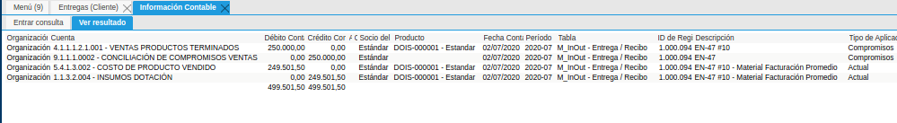 Asiento Contable de la Ventana Entregas Cliente