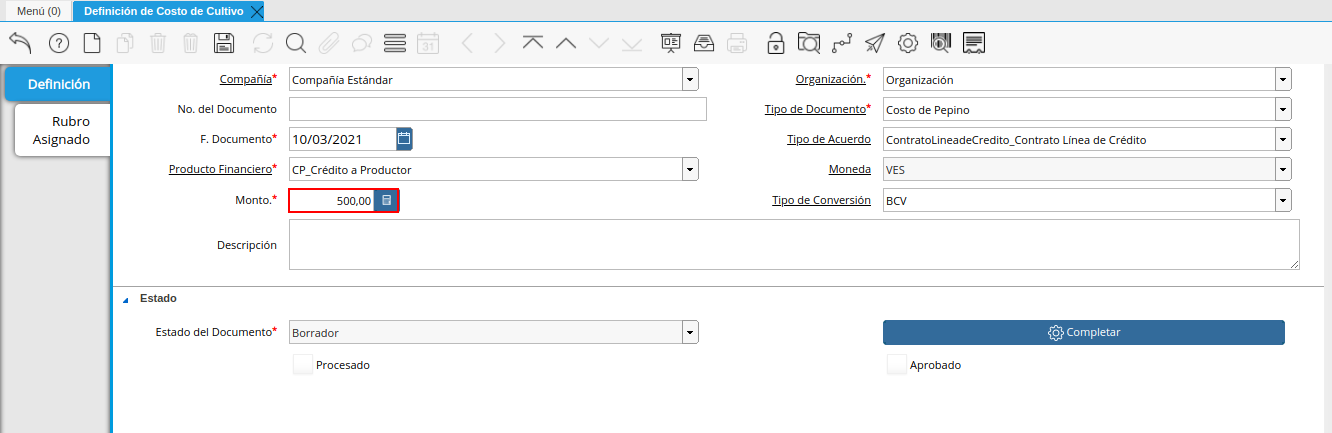 campo monto de la ventana definición de costo de cultivo