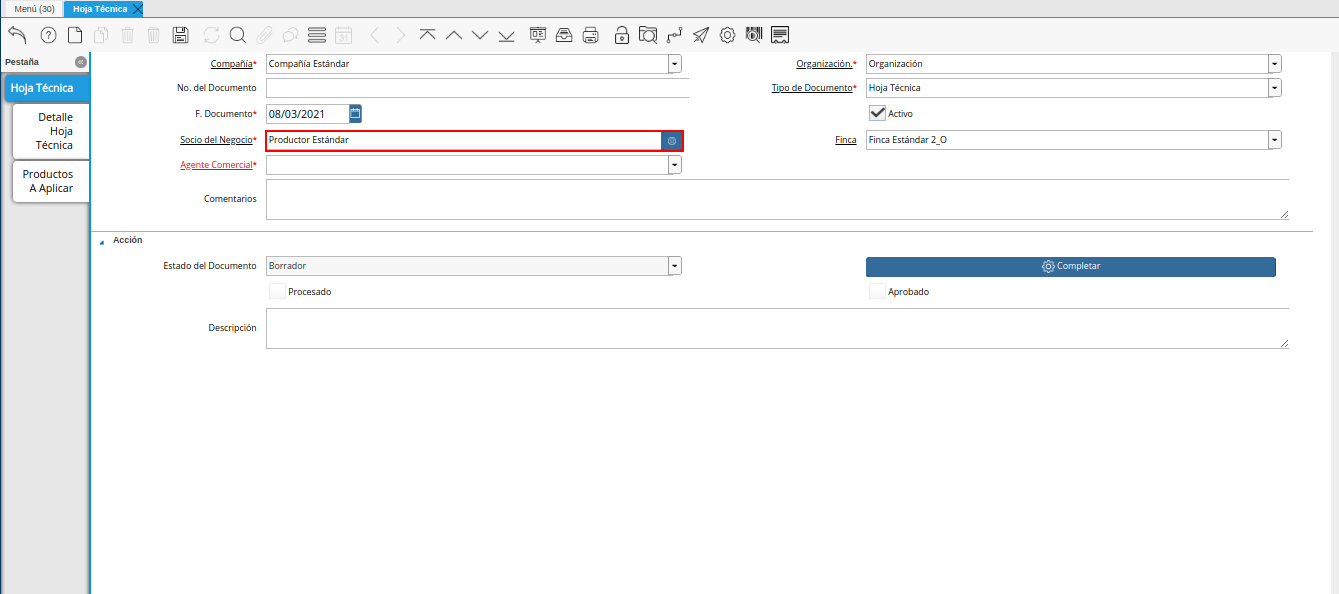 campo socio del negocio de la ventana hoja técnica