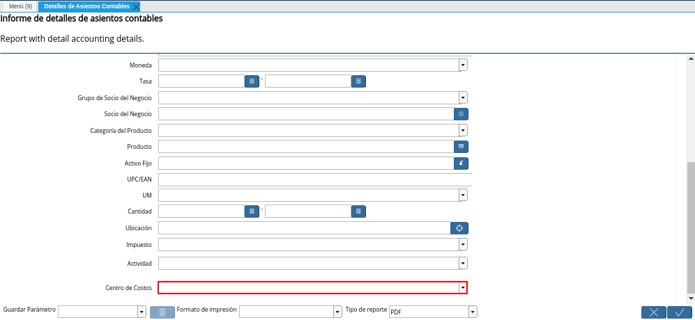 Campo Centro de Costos de la Ventana Detalles de Asientos Contables