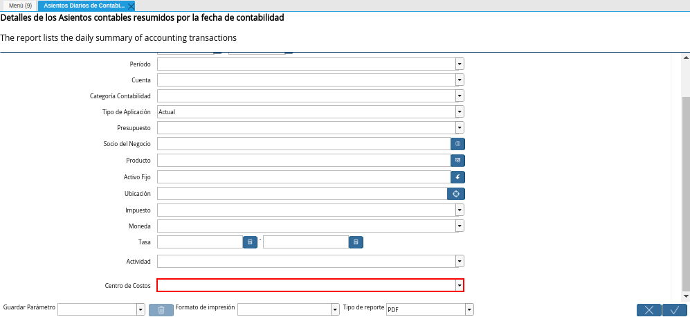 Campo Centro de Costos de la Ventana Asientos Diarios de Contabilidad