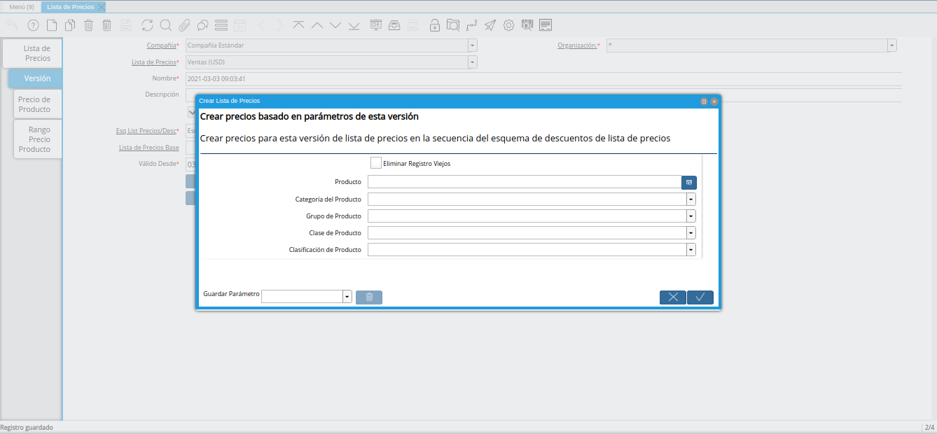 ventana crear lista de precios para lista de precios base