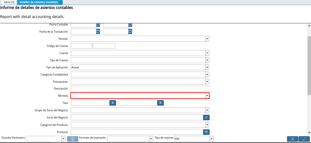 Campo Moneda de la Ventana Detalles de Asientos Contables