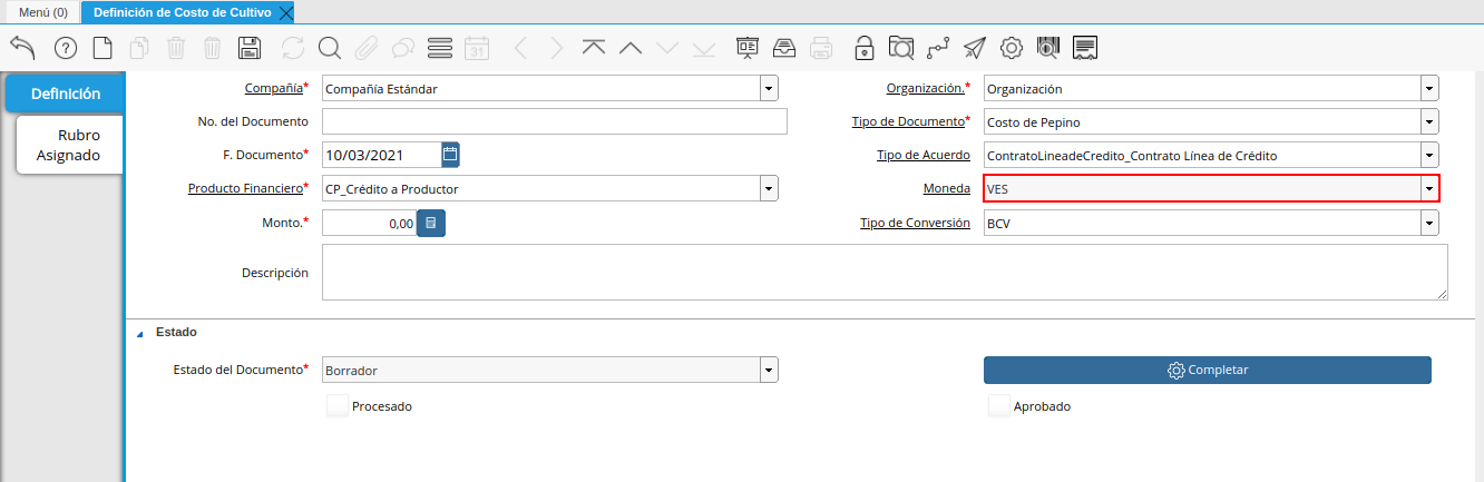 campo moneda de la ventana definición de costo de cultivo