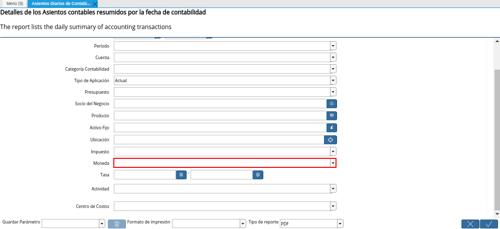 Campo Moneda de la Ventana Asientos Diarios de Contabilidad