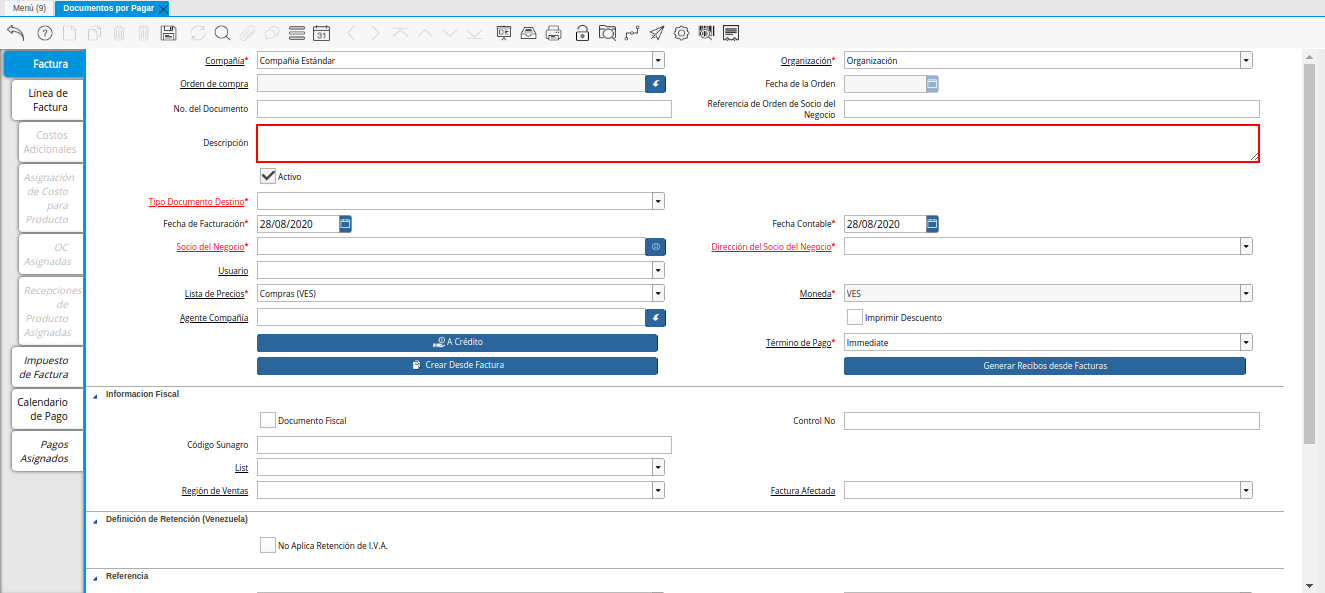 Campo Descripción de la Ventana Documentos por Pagar desde Orden de Compra