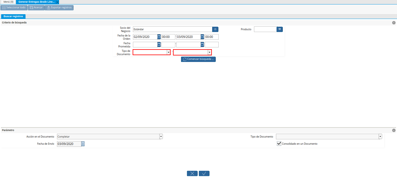 Filtro Tipo de Documento de la Ventana Generar Entrega desde Líneas de la Orden