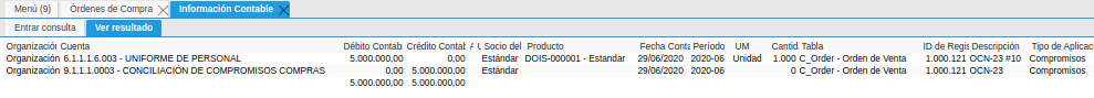 Asiento Contable de la Ventana Ordenes de Compra