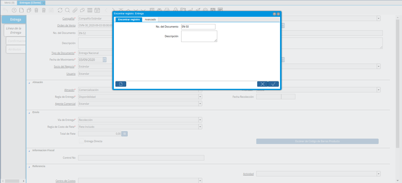 Ventana Encontrar Registro de Entregas Generadas