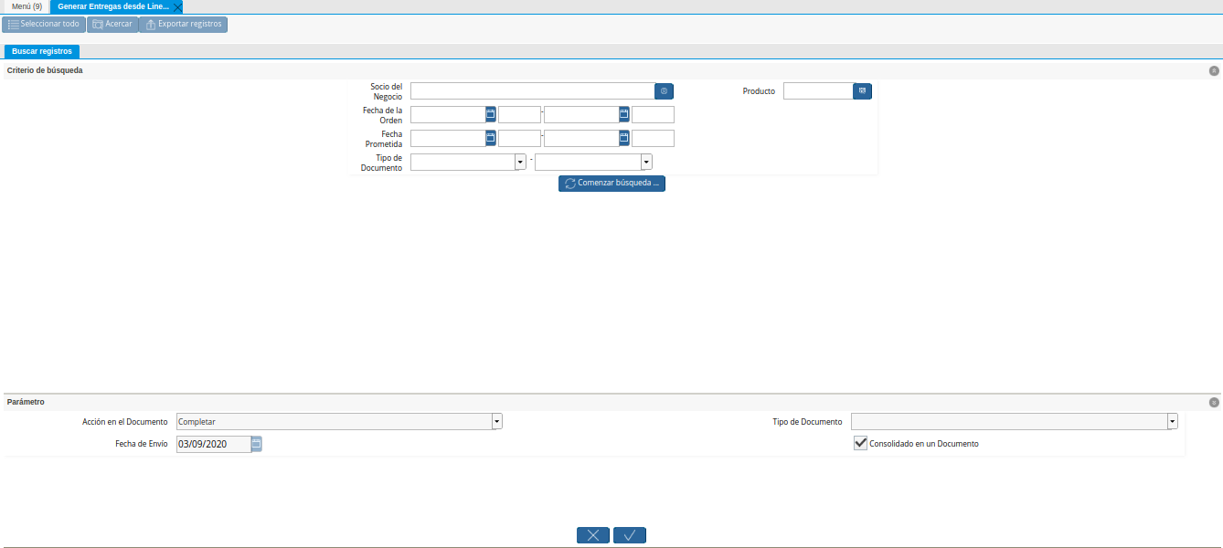 Ventana Generar Entrega desde Líneas de la Orden