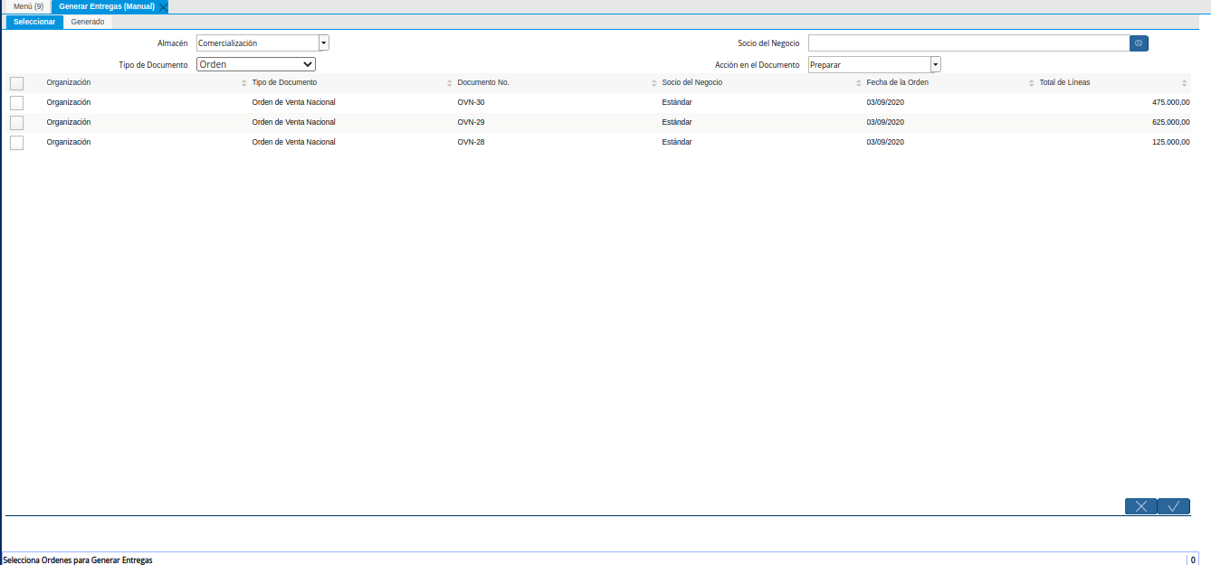 Ventana Generar Entregas Manual
