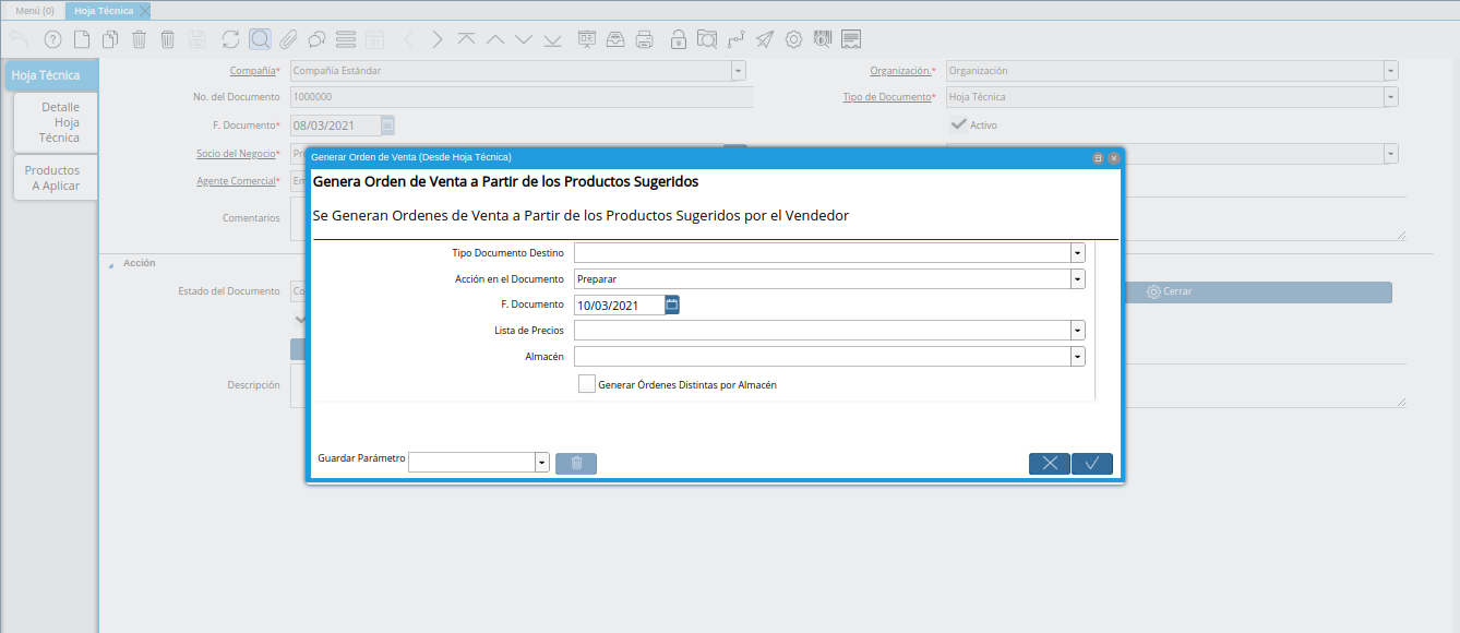 ventana generar orden de venta desde hoja técnica
