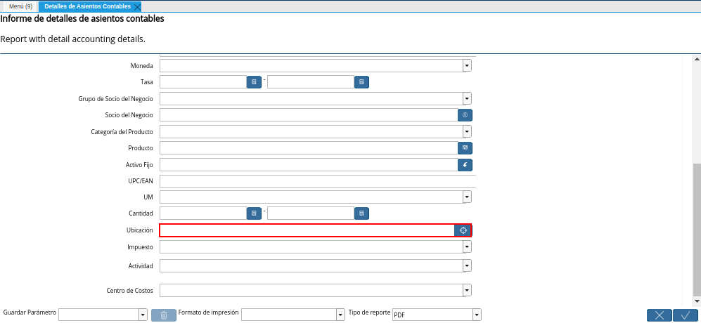 Campo Ubicación de la Ventana Detalles de Asientos Contables