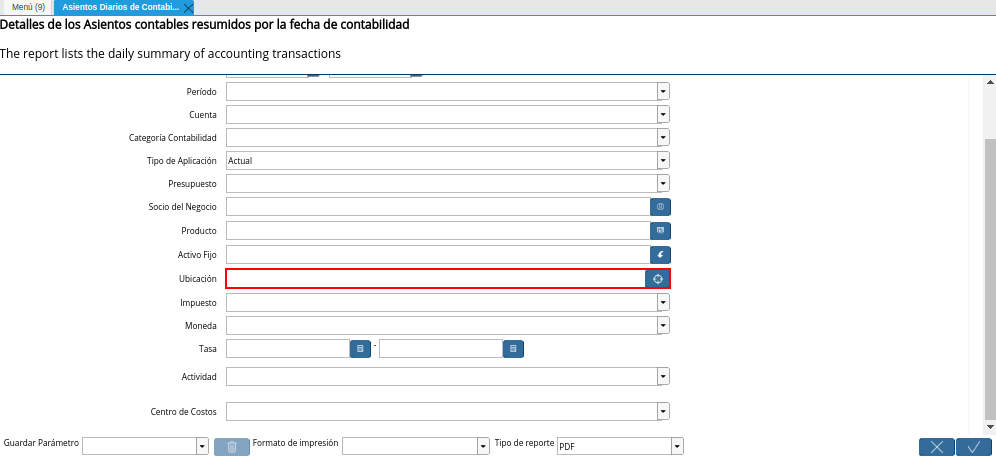 Campo Ubicación de la Ventana Asientos Diarios de Contabilidad