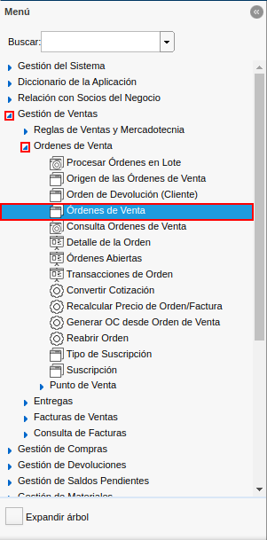 menú de ventana órdenes de venta para anular