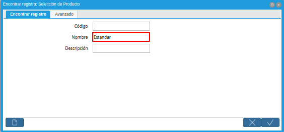 Campo Nombre de la Ventana Encontrar Registro Selección de Producto