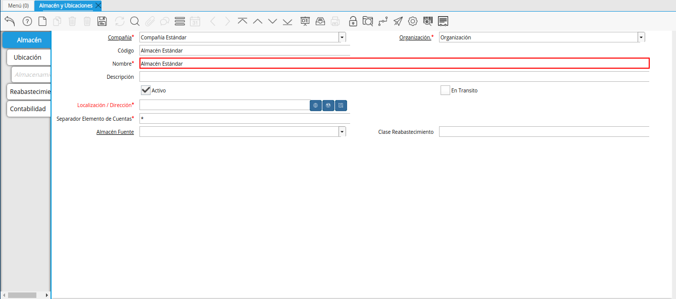campo nombre de la ventana almacén y ubicaciones