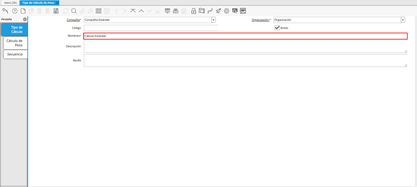 campo nombre de la ventana tipo de cálculo de peso