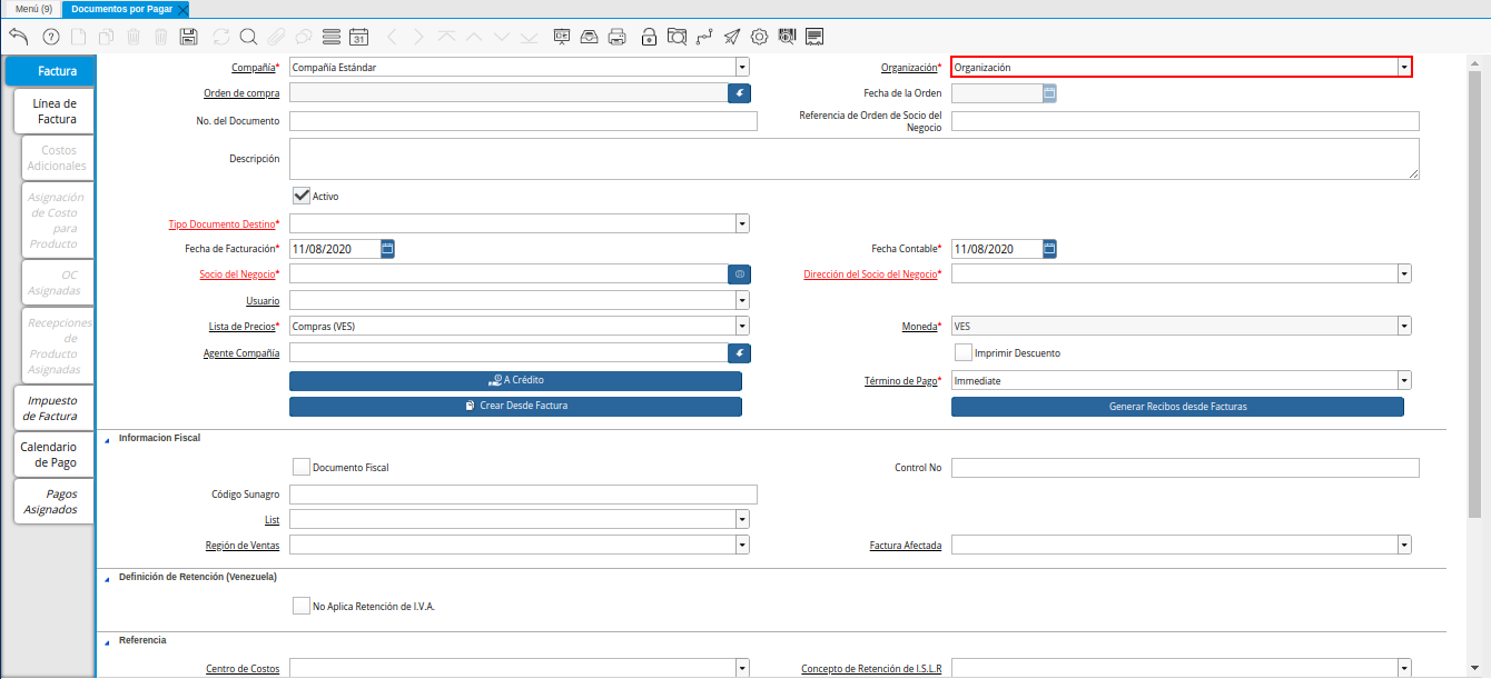 Campo Organización de la Nota de Débito de CxP