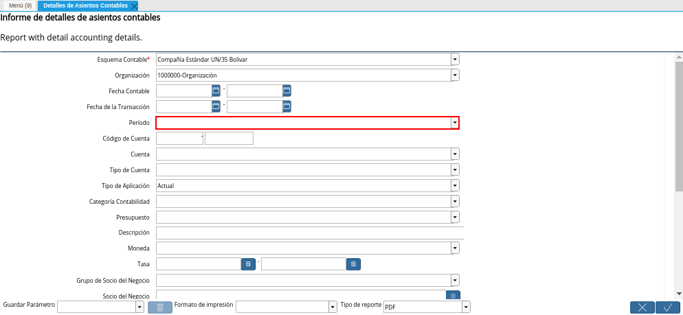 Campo Período de la Ventana Detalles de Asientos Contables