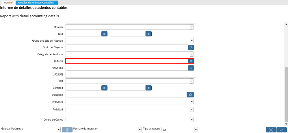 Campo Producto de la Ventana Detalles de Asientos Contables