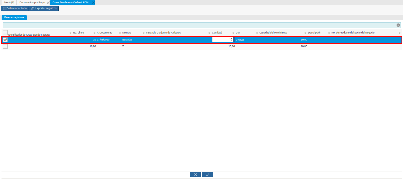 Selección de Orden de Compra en la Ventana Crear Desde una Orden ADM Factura Recepción en una Factura