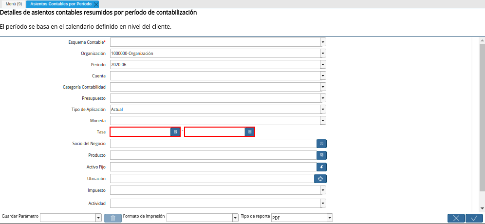 Campo Tasa de la Ventana Asientos Contables por Período