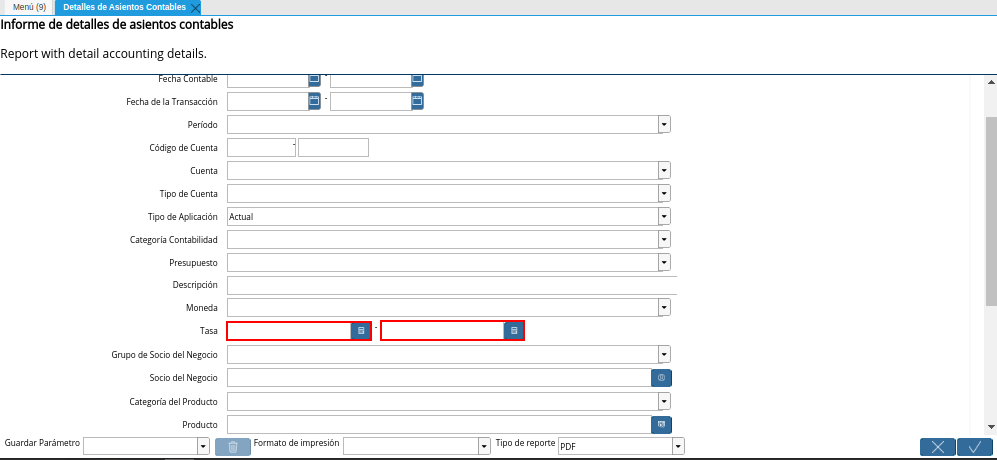 Campo Tasa de la Ventana Detalles de Asientos Contables
