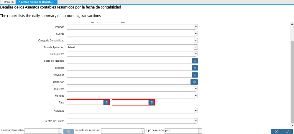 Campo Tasa de la Ventana Asientos Diarios de Contabilidad