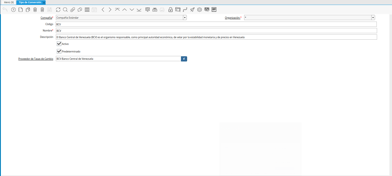 ventana tipo de conversión desde proveedor