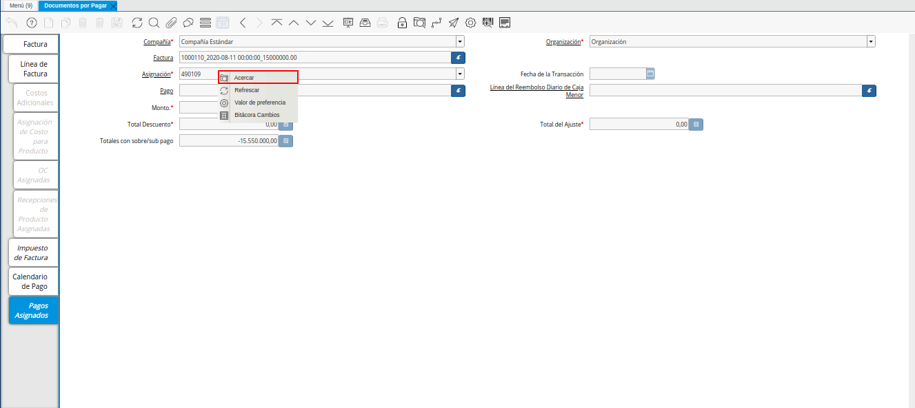 Acercar Asignación de Nota de débito de CxP