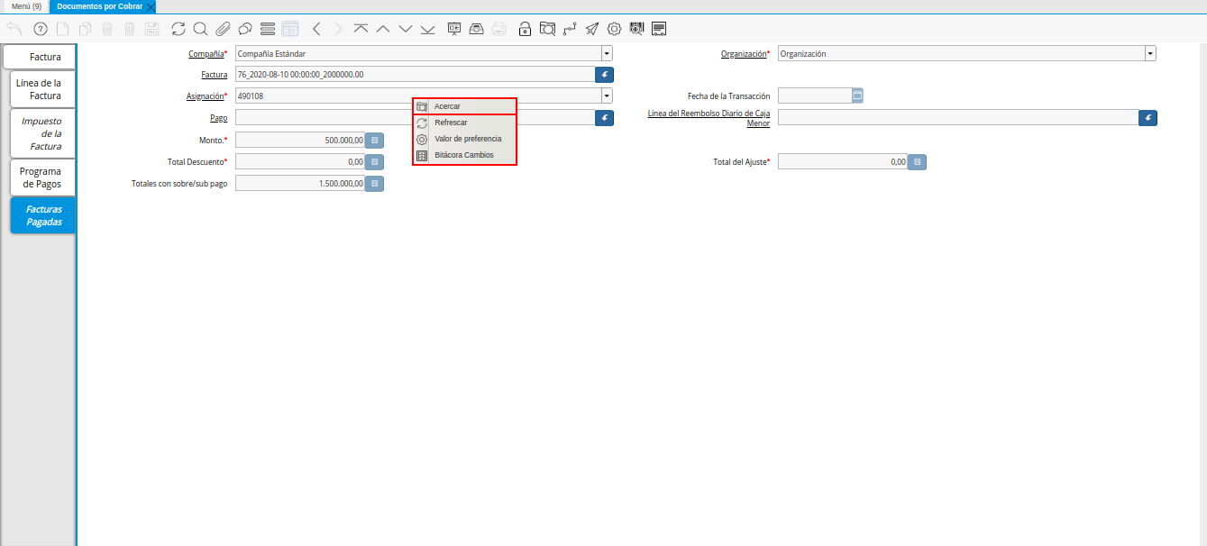 Acercar Asignación de Pago de la Nota de Crédito de CxC