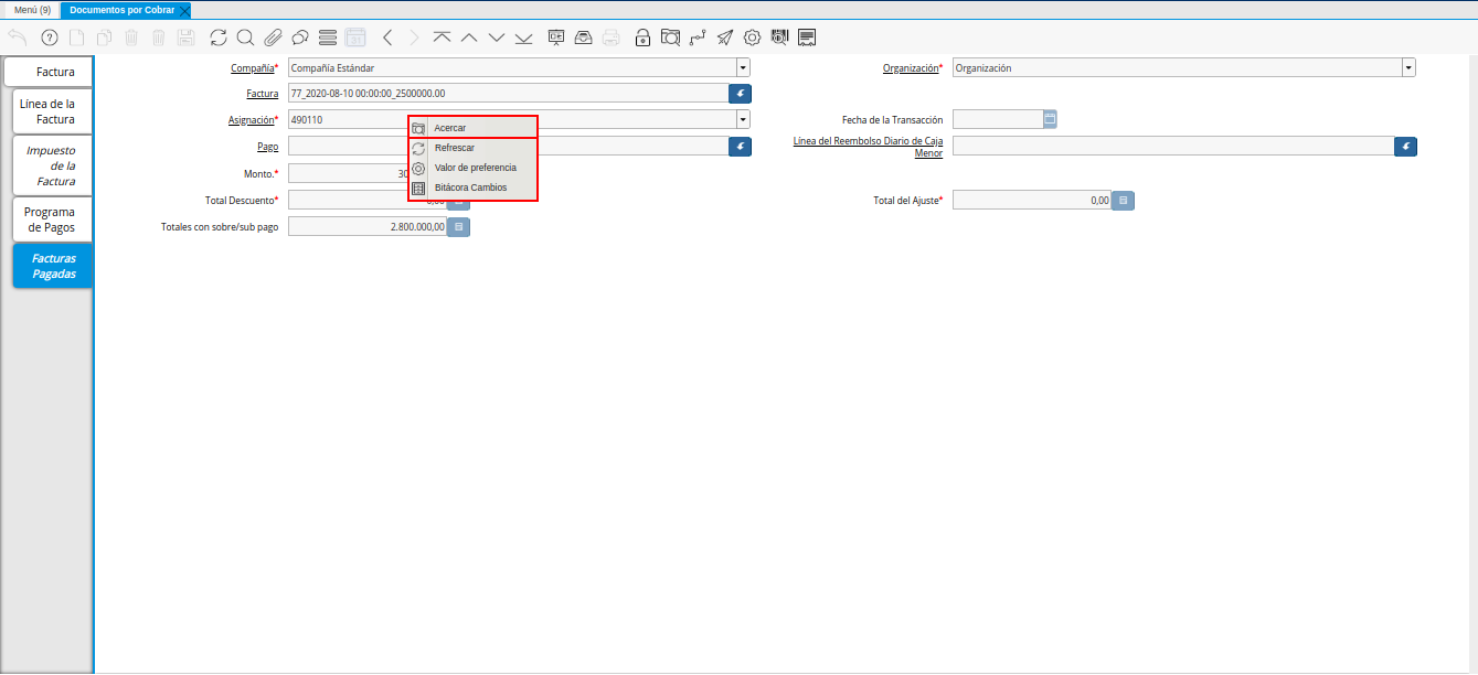 Acercar Asignación de Pago de la Nota de Débito de CxC