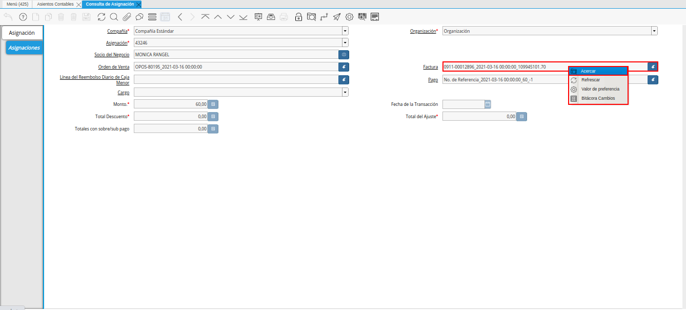opción acercar del campo factura de la pestaña asignaciones