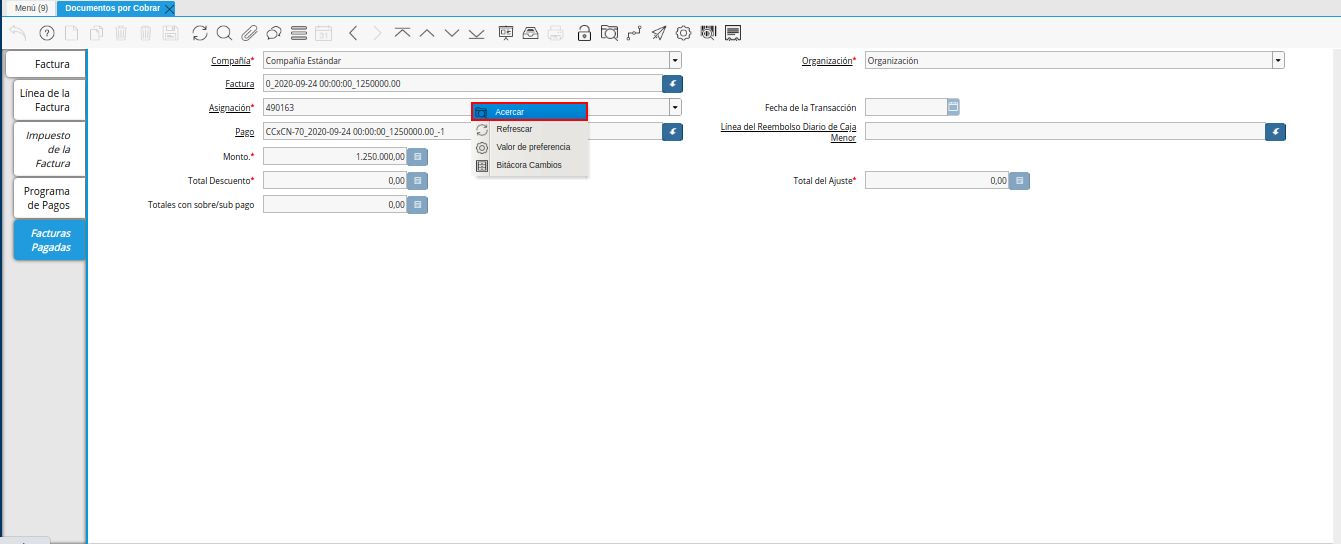 Opción Acercar de la Pestaña Facturas Pagadas
