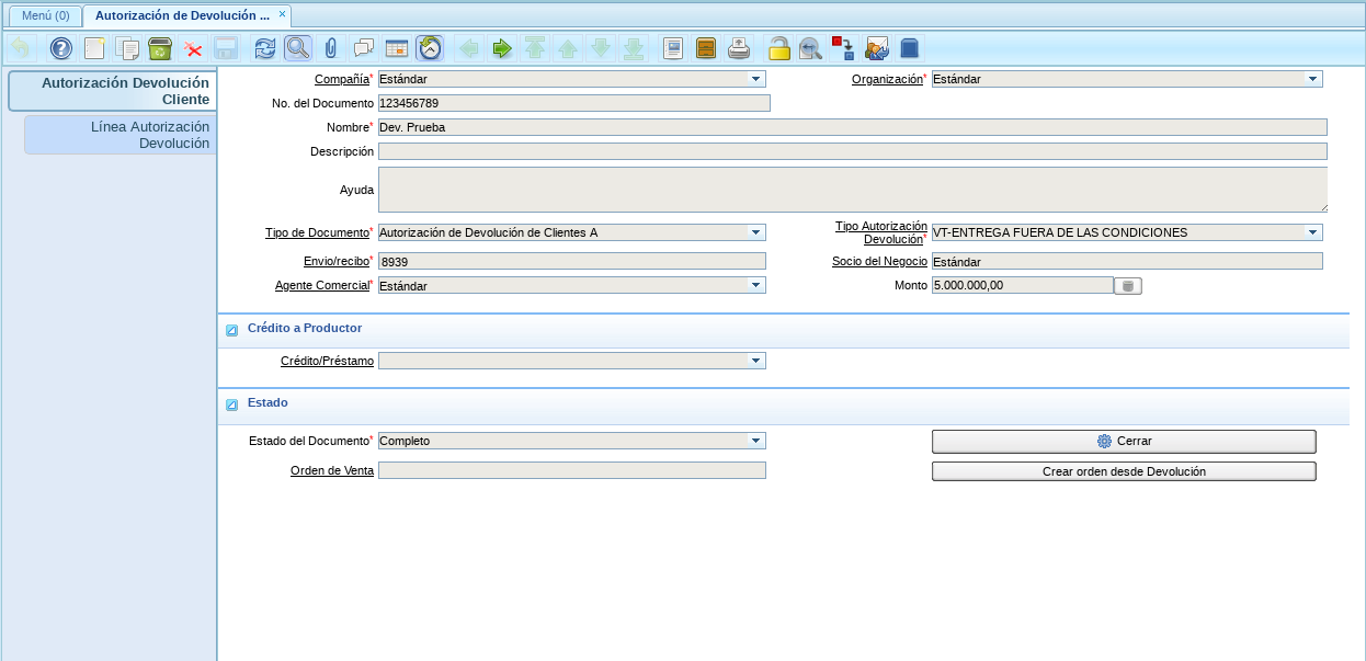 Autorización de Devolución de Cliente