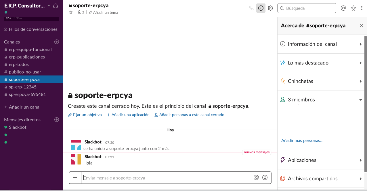 Canal Privado de Soporte a Empresa en Slack