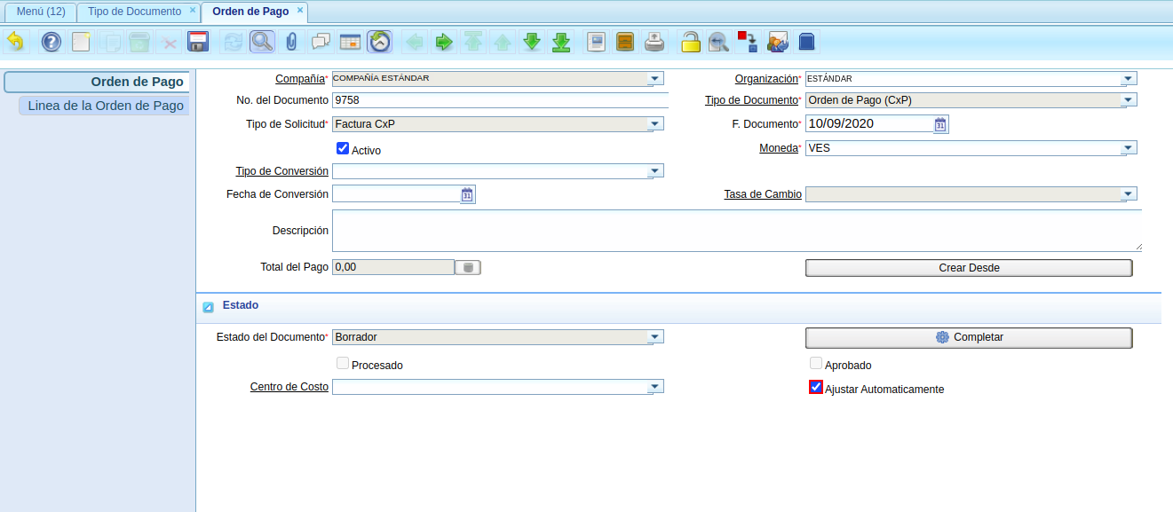 checklist ajustar automáticamente del documento orden de pago
